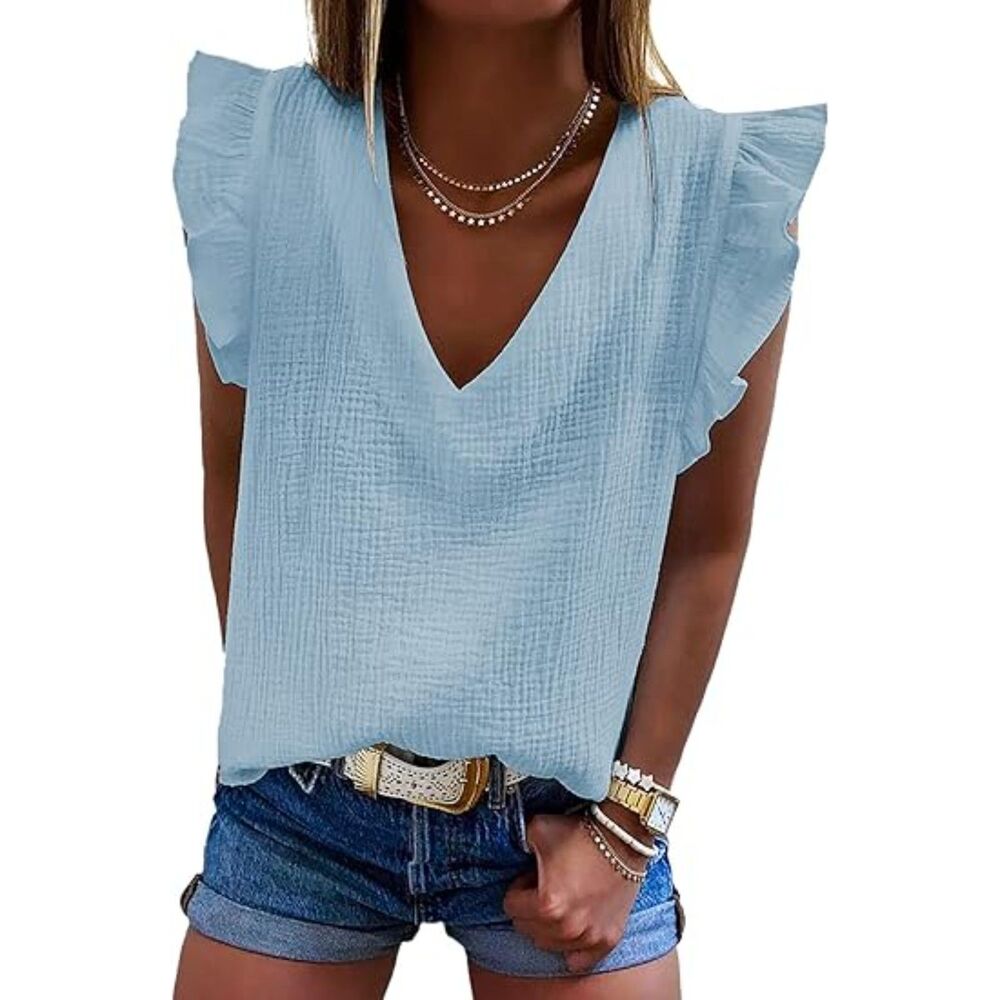 Cute V Neck Ruffle Sleeveless Shirts Elegant Tank Top, 2XL, 8A-1013T007 132
